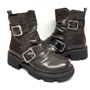 MIZ MOOZ LEATHER BOOTS BUCKLE SIDE ZIPPER BROWN 37EU / 7US NEW # Z-225